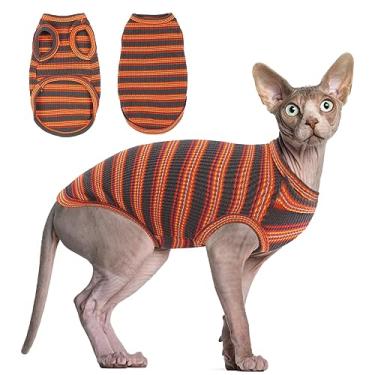 Imagem de BRKURLEG Camiseta Sphynx para gatos sem pelos, roupas para filhotes, camisetas de algodão macio, pijamas de gatos, listras, colete para animais de estimação, gola redonda, camisetas para gatinhos
