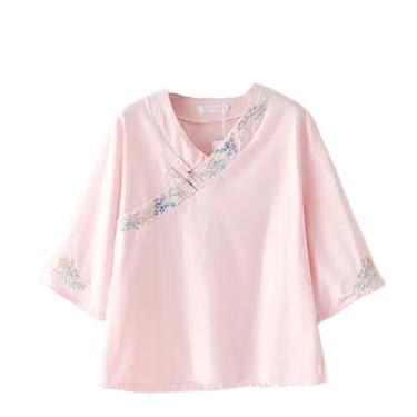 Imagem de Camiseta feminina estilo chinês Cheongsam de linho de algodão solto verão gola alta fivela floral bordado top, rosa, PP