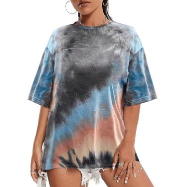 Imagem de SOFIA'S CHOICE Camisetas femininas grandes tie dye gola redonda manga curta casual verão, Cinza e azul, XXG