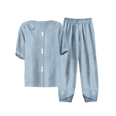 Imagem de Conjunto feminino de linho de verão com 2 peças, meia manga, camisa de conscientização de Alzheimer com calça de linho de algodão, roupas de férias plus size, Azul, XX-Large