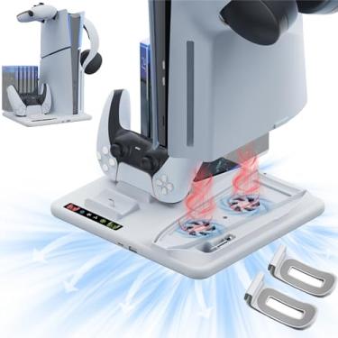 Imagem de Suporte de resfriamento para PS5 Slim com estação de carregamento de controlador duplo, ventilador de resfriamento de 3 estágios, 6 slots de disco, 2 suportes para fones de ouvido. (Branco)