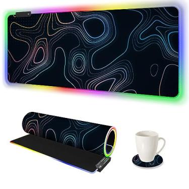 Imagem de ARTSO Mouse pad RGB para jogos, mouse pad grande de LED macio estendido com 14 modos de iluminação, 2 brilho, teclado resistente à água, tapete de mouse pad de computador 90 x 39,9 cm, linhas