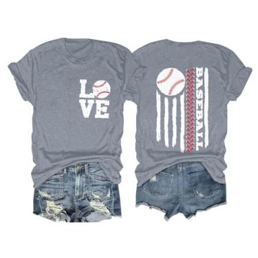 Imagem de Camisetas femininas 2024 Baseball Mom Love American Flag Graphic Tops verão casual manga curta blusas soltas, Cinza, XXG