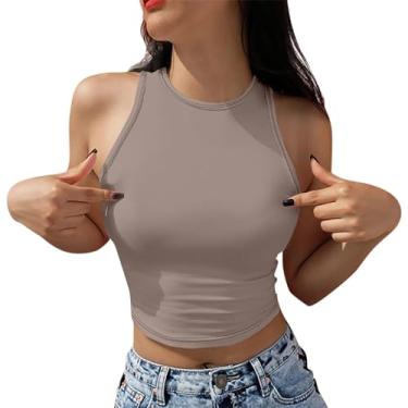 Imagem de PKDong Halter Tops para mulheres, sexy, sem mangas, gola única, colete de treino, camiseta de verão, regata cropped, Caqui, 3G