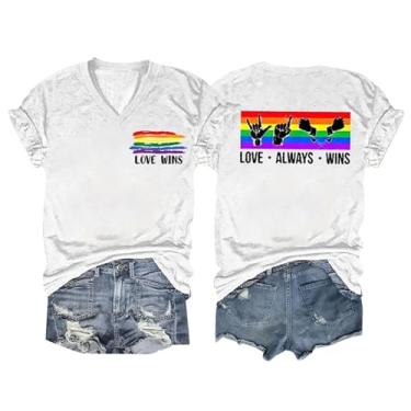 Imagem de Camiseta feminina Pride Gay Equality Rainbow Inspirational Letter Graphic Tops gola V manga curta blusa túnica casual, Branco, M