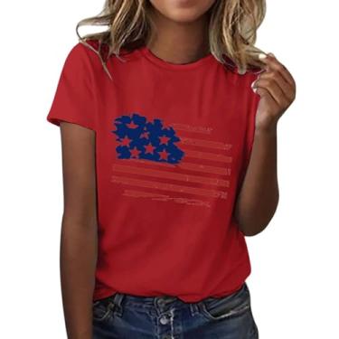 Imagem de Camiseta feminina moderna casual com bandeira do Dia da Independência estampada gola redonda manga curta camiseta xadrez para mulheres, Vermelho, M