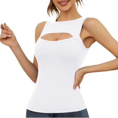 Imagem de Afibi Camisetas femininas recortadas na frente sem mangas, regatas caneladas, justas, Y2K, camiseta básica sexy, Branco, G