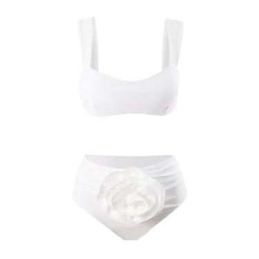 Imagem de Biquíni de duas colas para mulheres Roux cortou o traje de banho Traje de banho de cintura alta com traje inferior (branco,M)