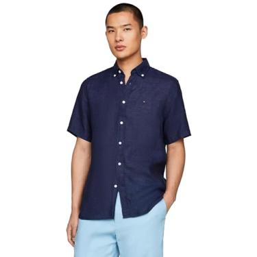 Imagem de Tommy Hilfiger Camisa de linho de manga curta com botões em modelagem regular masculina, Carbono azul-marinho, G