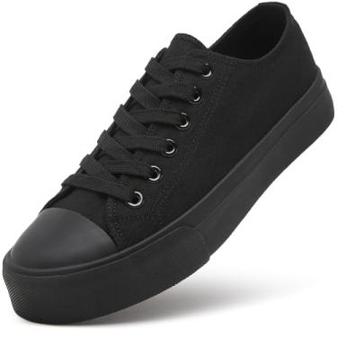 Imagem de ZGR Tênis feminino branco feminino, tênis de lona com cadarço, sapatos casuais de lona para caminhada, Preto completo, 36