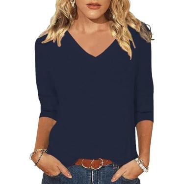 Imagem de ZUNQKG Camiseta feminina gola V manga 3/4 raglã patchwork macio casual moderno verão blusa tops tops, 02 - azul marinho sólido, XGG