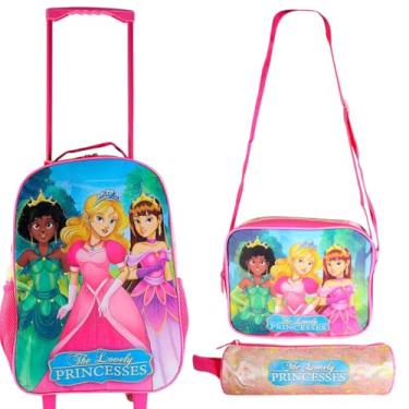 Imagem de Mochila Escolar Princesas Kit Infantil Meninas De 3 Peças Com Rodinhas Silenciosas+Estojo+Lancheira Merendeira Com Alças.