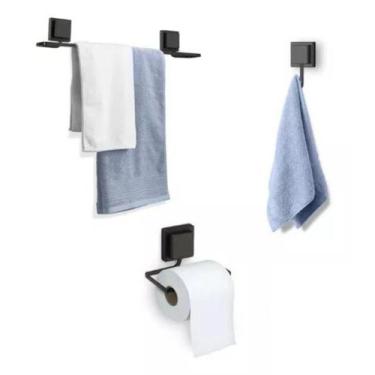 Imagem de Kit 3 Acessórios Para Banheiro Papeleira Porta Toalha Gancho Preto - A