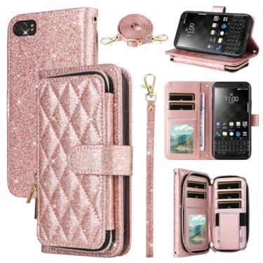 Imagem de Furill Capa carteira para BlackBerry KEYone com alça de pulso, alça de ombro transversal de couro PU de luxo com 9 compartimentos para cartões, bolsa com zíper, acessórios, capa de telefone para KEY1