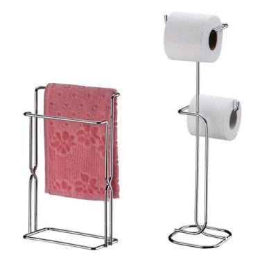 Imagem de Kit Banheiro Suporte Papel Higiênico + Porta Toalha Rosto Pia Cromado 