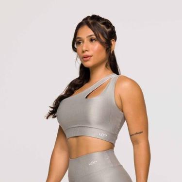 Imagem de Top Feminino Prata Fitness Poliamida Academia Cinza Ombro Só - LOT FIT