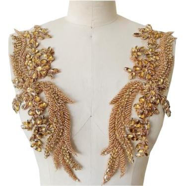 Imagem de Aplique de renda de strass feito à mão com apliques de miçangas de costura à mão para acessórios de roupas de vestido 35 x 12 cm um par/bolsa (champanhe)