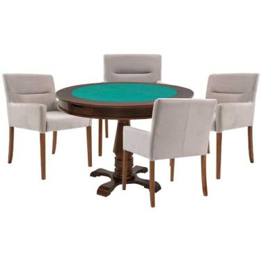 Imagem de Mesa de Jogos Carteado Victoria Redonda Tampo Reversível Imbuia com 4 Cadeiras Vicenza Suede Nude - Gran Belo