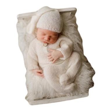 Imagem de Vemonllas Acessório para fotografia de recém-nascidos, roupas de sessão de fotos para bebês meninos e meninas, macacão tricotado com foto de chapéu sonolento, Branco, newborn