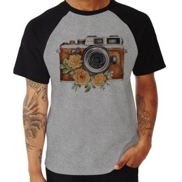 Imagem de Camiseta Raglan Máquina Fotográfica Vintage e Flores - Foca na Moda, C