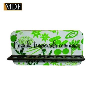 Imagem de Porta Tempero para 8 Tubetes Frase Cozinha 26x13 Mdf Madeira Adesivado