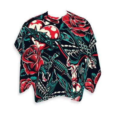 Imagem de Capa Barbeiro Rosas e Corações Estilo Tattoo Cetim 156x146cm - PRESENT