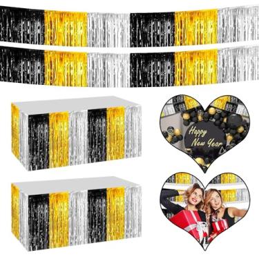 Imagem de Saias de mesa com franja metálica 4P para mesas retangulares pano de fundo cortinas de guirlanda para desfile, boias de casamento, formatura, aniversário, festas de aniversário, decoração (preto