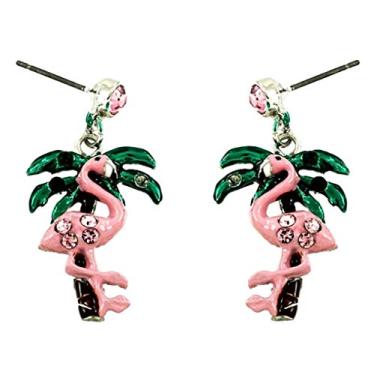 Imagem de DianaL Boutique Lindos brincos de flamingo rosa e palmeira, strass, cristal, esmaltado, caixa de presente, Cristal esmaltado Cristal