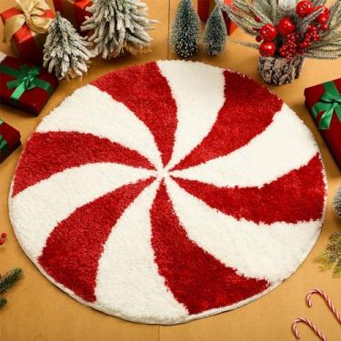 Imagem de Drydiet Tapetes de banheiro de Natal tapetes de banheiro redondos laváveis de 63 cm tapetes de banho de inverno vermelho branco doces tapetes de banho antiderrapantes tapetes absorventes capacho com suporte para banheira sala de estar jantar feriado quarto berçário
