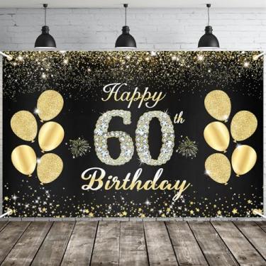 Imagem de JOYKY Faixa de feliz aniversário de 60 anos, decorações de festa de aniversário de 60 anos de ouro para mulheres dela, decoração de pano de fundo de suprimentos de aniversário de 60 anos, 15 x 9