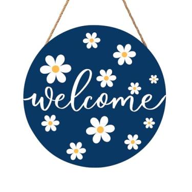 Imagem de Anyako Placa de porta de margarida branca de primavera para decoração de porta da frente, placa de madeira azul Daisy Welcome 30,5 cm x 30,48 cm com mola redonda para decoração de parede rústica