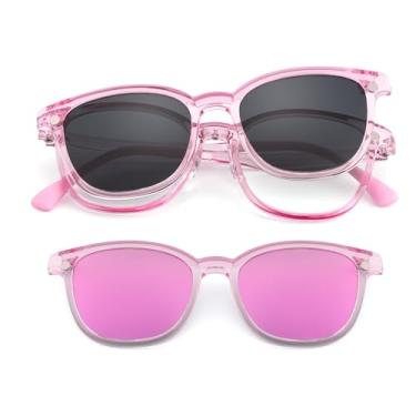 Imagem de EYEBUDDY Óculos de sol com clipe magnético infantil, óculos de sol polarizados UV para meninos e meninas (1 armação + 2 suportes de lentes magnéticas), Armação rosa, Little Kid