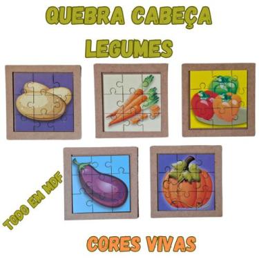 Imagem de Kit 5 Quebra Cabeça Legumes em MDF Aprendizado e Diversão - Zaramela