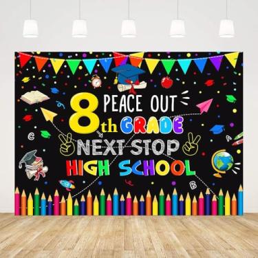 Imagem de AIBIIN 2,1 x 1,5 m, 8º Ensino de Pós-Graduação, Peace Out, 8ª série, Next Stop High School, Fundo Fotográfico, Preto, Parabéns, 8ª Turma de Formatura de 2025, Adereços de Estúdio de Fotos