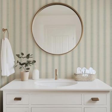 Imagem de RollsRolla Papel de parede de tela de tecido listrado bege - papel de parede temporário para parede de destaque, banheiro, quarto, sala de estar (verde)