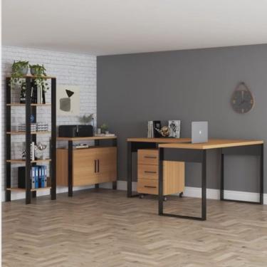 Imagem de Kit 4 Peças 100% mdf com Mesa em l, Gaveteiro, Armário Baixo e uma Estante