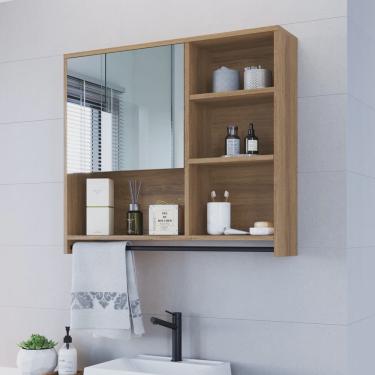 Imagem de Armário Espelheira para Banheiro 80cm com 1 Porta 4 Nichos e Toalheiro P1042