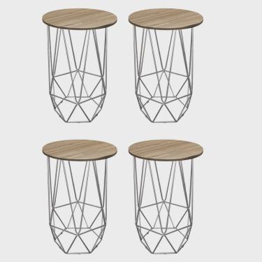 Imagem de Kit 04 Mesa Lateral de Canto Industrial Lizie Aramado Ferro Prata Tampo mdf Redondo Rústico - Ahazzo Móveis