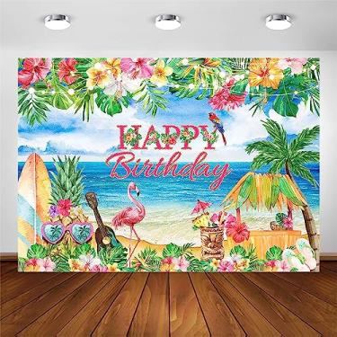 Imagem de Avezano Cenário de aniversário de flamingo, tema de praia havaiana, decorações de festa de aniversário, verão, tropical, Aloha Luau, faixa de mesa de bolo de aniversário, bandeira de flamingo, festa