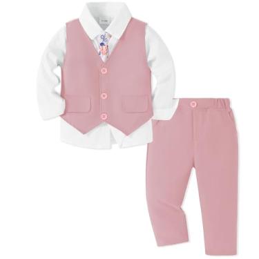 Imagem de SANMIO Terno infantil para meninos + gravata estampada + colete + calça para bebês smoking roupas de casamento para meninos, rosa, 5-6 Anos
