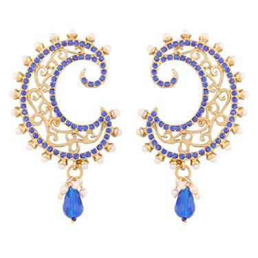 Imagem de Brincos de joia femininos em tom dourado antigo estilo tradicional de bollywood indiano com lindo arame em formato curvo de pérola sintética Azul