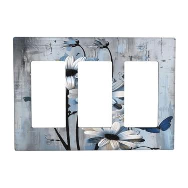 Imagem de OILbiexn Capa de interruptor de luz rústica madeira azul floral borboleta placa de parede 3 gangues placa de interruptor de luz tripla balancim GFCI capas de tomada decorativa para quarto decoração de