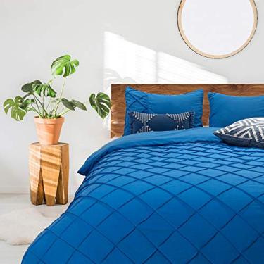 Imagem de Capa de edredom, conjunto de cama de 3 peças, coleção de hotel - Queen/Full Size azul royal moderno plissado ultra macio microfibra escovada capa de edredom com fecho de zíper e 2 fronhas (Pleated, Queen)