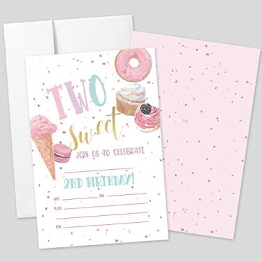 Imagem de 20 conjuntos de convites de festa de aniversário de 2 anos com envelopes, donut colorido impresso frente e verso cartões de convite de festa de aniversário para bebês meninas meninos, convites de