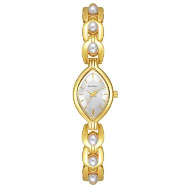 Imagem de Relógio feminino elegante com pulseira de pérolas, mostrador oval, movimento de quartzo, ouro/prata, impermeável, casual, relógio de pulso feminino, Dourado/branco, Casual
