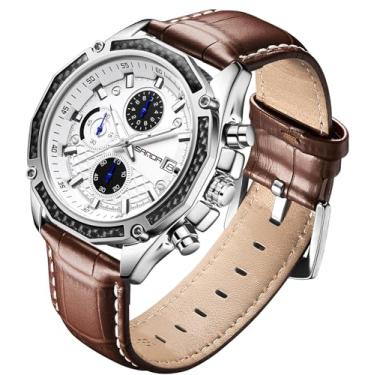 Imagem de TICKEEN Relógios masculinos analógicos de quartzo com cronógrafo à prova d'água, pulseira de couro, pulseira de couro, relógio de pulso clássico, estiloso, esportivo, casual, negócios, Branco-marrom