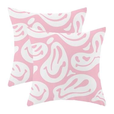 Imagem de Lindas capas de almofada rosa preppy 45,7 x 45,7 cm conjunto de 2 almofadas estéticas modernas decorativas ao ar livre divertidas para dormitório fronhas de linho para cama, sofá, faculdade