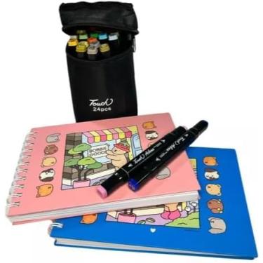 Imagem de Kit Livro De Colorir + Canetinhas Marcador Ponta Dupla 24 Cores