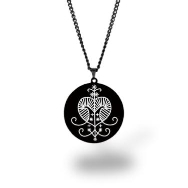 Imagem de Colar Vevê Vodu – Pingente com Símbolos dos Lwas em Aço Inoxidável (Prata, Ouro ou Preto) • Amuleto Espiritual Afro-Caribenho de Proteção, Magia e Fé (Erzulie Freda, Preto)