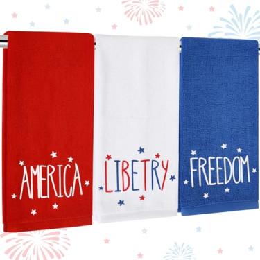 Imagem de JarThenaAMCS 3 peças de toalhas de mão patrióticas 4 de julho bordadas America Liberty Freedom Toalha de banho de algodão vermelho azul branco toalha de prato para decoração de casa no dia da